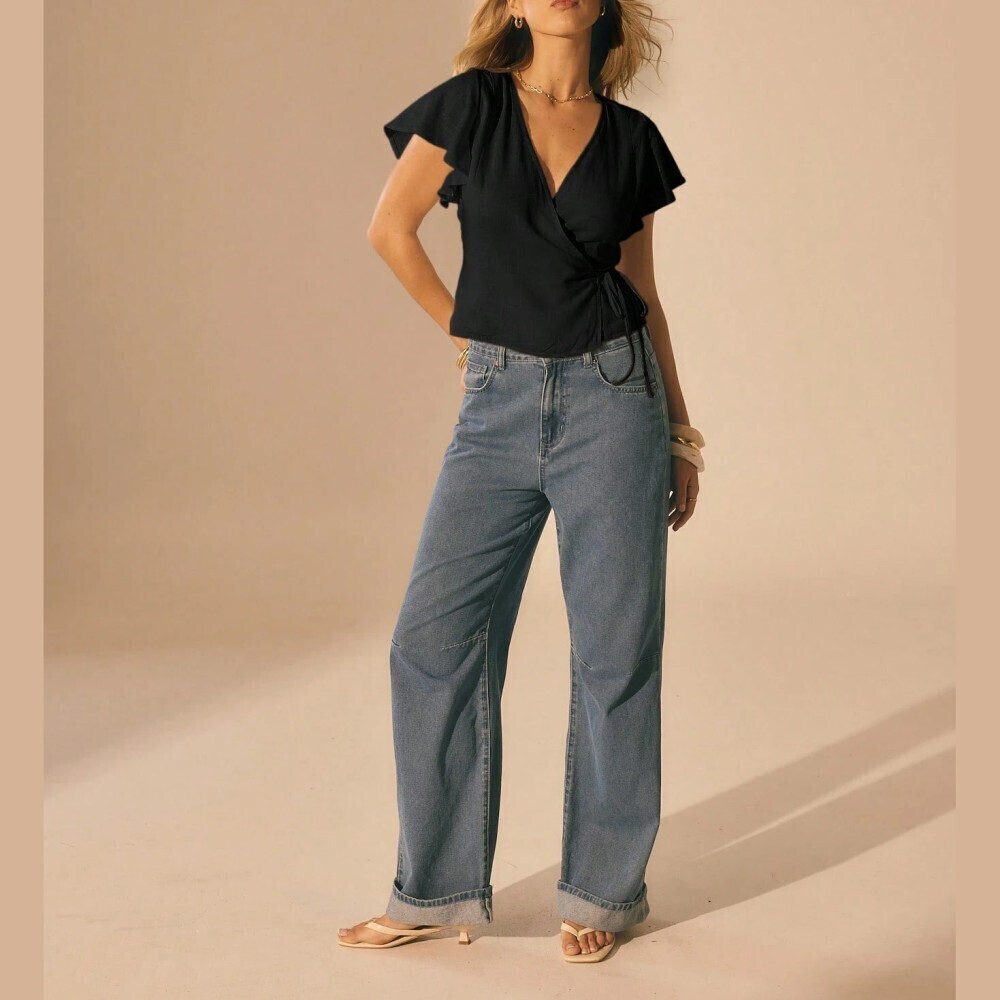 Black Wrap Front Blouse with Flutter Sleeves and Tie Waist - Picture 10 of 10